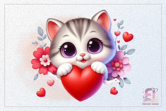 Cute Kitten with Red Heart and Flowers