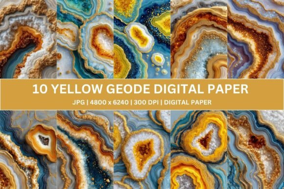 Elevate Your Creative Projects with 10 Yellow Gold Geode Digital Paper