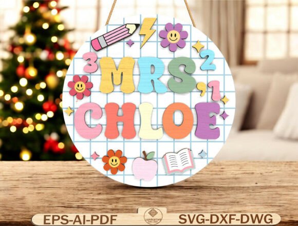 Retro Teacher Name Round Door Sign SVG for Classroom Charm